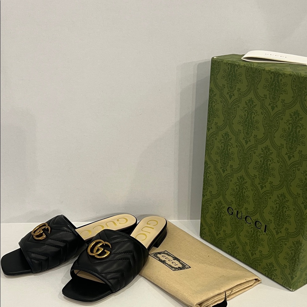 Gucci Black Sandals with Gold Logo